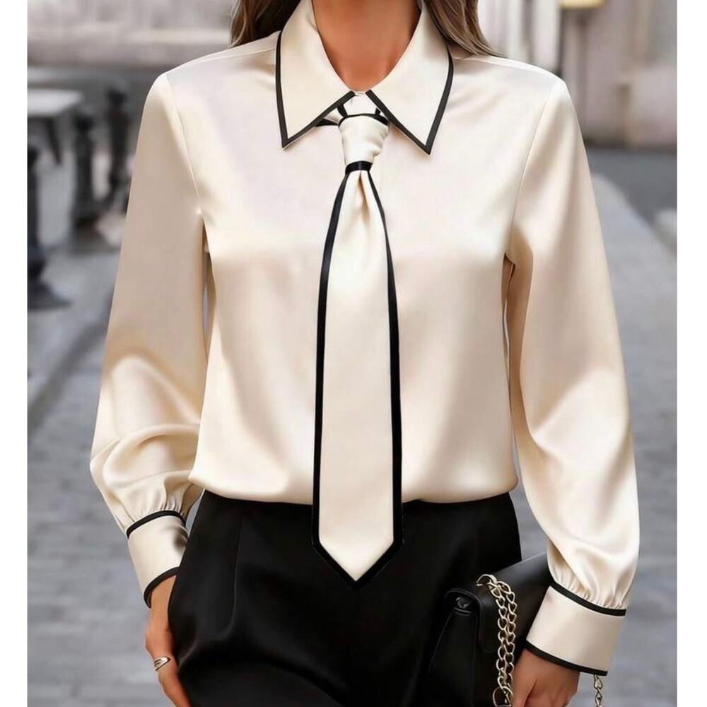 Shein White Tie Neck Button Up Blouse with Black Trim Small NWT Formal - Picture 2 of 8